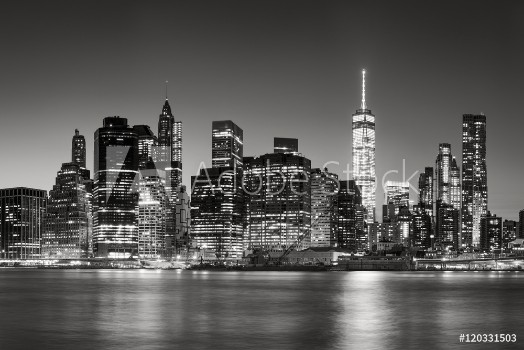 Picture of Black White East River view of Financial District skyscrapers at dusk Lower Manhattan skyline New York City